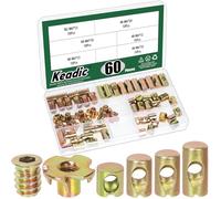 Keadic 60Pcs Threaded Inserts Nuts & 4-Pronged Tee Nut & Slotted Barrel Nuts, Hex Socket Drive Nut Inserts Four Claws T-Nuts Cross Dowels Slotted Nut Kit for Wood Furniture, Colored Zinc Plated