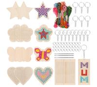 Keadic 78 Pcs Wooden Cross Stitch Kits 5 Types, Make Your Own 15 Cross Stitching Keyrings, Wood Sewing Kit, Arts & Crafts Stars, Hearts Ornaments, Plastic Needle Embroidery Kit for Beginners, Girls