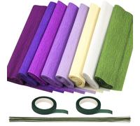 Keadic 8 Colors Crepe Paper Rolls, 9.8 x 98 Inch Wide Crepe Paper Sheets with 50 Pcs Floral Iron Wire,2 Green Floral Band for Birthday Parties Weddings Festival Decoration