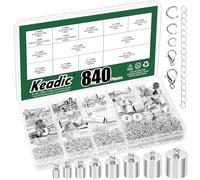 Keadic 840Pcs Crafts Tone Leather Cord End Caps,Jewelry Making Supplies Kit for Jewelry Making, Tassel Caps, 4mm to 12mm Cylinder Cord Ends, Kumihimo Supplies and Jewelry Findings（Silver）