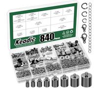 Keadic 840Pcs Crafts Tone Leather Cord End Caps,Jewelry Making Supplies Kit for Jewelry Making, Tassel Caps, 4mm to 12mm Cylinder Cord Ends, Kumihimo Supplies and Jewelry Findings（Gun Black）