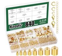 Keadic 840Pcs Crafts Tone Leather Cord End Caps,Jewelry Making Supplies Kit for Jewelry Making, Tassel Caps, 4mm to 12mm Cylinder Cord Ends, Kumihimo Supplies and Jewelry Findings（KC Gold）