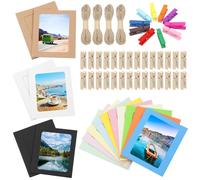 Keadic 84PCS 4 Inches Paper Picture Frames 4 Colors Cardboard Photo Frame with Wooden Clips and Strings Photo Display Banner for Home Office Wedding Party Decor