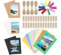 Keadic 84PCS 7 Inches Paper Picture Frames 4 Colors Cardboard Photo Frame with Wooden Clips and Strings Photo Display Banner for Home Office Wedding Party Decor