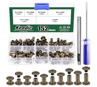 Keadic Chicago Screws Assortment, 152Pcs 5 Sizes Bronze M5 Flat Head Leather Rivets with Setting Tool, Bookbinding Studs for Belt, Purse, Shoes & DIY Leather Craft