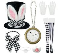 KEAGAN 7 PCS White Rabbit Costume Set Adult Easter Bunny Accessory with Top Hat, Oversized Clock, Bunny Nose and Tail, Mad Hatter Dress up for Halloween