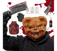 KEAGAN Halloween Costume Scary Bear Mask Fake Blood Halloween Makeup Kit Plush Bloody Mask,Cleaver,Apron,Dripping Blood,Spray Set Role Playing Party Dress Up
