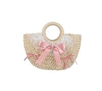 KeAiDMon Straw Beach Top Handle Handbags Summer Rattan Purses With Bow Handmade Woven Lace Purse Boho Tote bag For Women (pink,H8.27xL12.99xW3.15in)