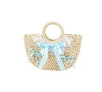 KeAiDMon Straw Beach Top Handle Handbags Summer Rattan Purses With Bow Handmade Woven Lace Purse Boho Tote bag For Women (blue,H8.27xL12.99xW3.15in)