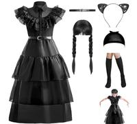 keaiyouhuo Wednesday Addams Costumes Dress for Kids Girls Family Merchandise Fancy Dress Up Cosplay Halloween Party Outfit with Wig, Black, 7-8 Years
