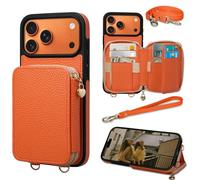 Keallce Case for iPhone 17 Pro 6.3'' Case Wallet, Crossbody Zipper Purse with RFID Blocking Card Slots Kickstand, Lanyard & Handstrap Flip Folio Leather Phone Cover for iPhone 17 Pro, Orange