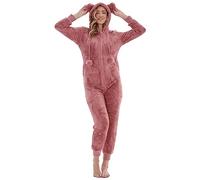Keanu KL759-R-8-10 - Ladies Snuggle Fleece Onesie with Novelty Hood and Pom Poms - Pink Rose Gold - Size 8-10