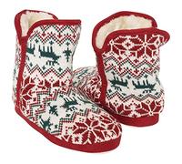 Keanu Ladies Fairisle Slipper Boots - Snuggle White Faux Fur Lined Bootie Slippers - UK Sizes 3-4, 5-6, & 7-8 (Red Fairisle, 7-8)