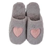 Keanu Ladies Memory Foam Mule Slippers - Faux Fur with Heart Design - Pink, Grey (Pink/Grey Heart, 7-8)