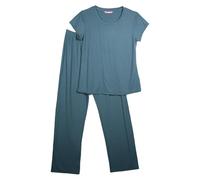 Keanu Ladies Ribbed Lounge Set - Casual Short Sleeve Top with Straight Leg Pants, Pyjamas or Loungewear - Supersoft Stretch Fabric with Elastane - Green - Sizes 20-22