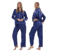 Keanu Ladies Satin Pyjamas - Long Sleeve Top with Long Bottoms - Silk Satin Pjs Soft Button Down Sleepwear Set Loungewear - Sizes 8-20 (Navy, 12-14)