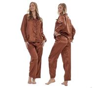 Keanu Ladies Satin Pyjamas - Long Sleeve Top with Long Bottoms - Silk Satin Pjs Soft Button Down Sleepwear Set Loungewear - Sizes 8-20 (Patina Brown, 12-14)