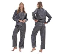 Keanu Ladies Satin Pyjamas - Long Sleeve Top with Long Bottoms - Silk Satin Pjs Soft Button Down Sleepwear Set Loungewear - Sizes 8-20 (Pewter, 12-14)