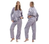 Keanu Ladies Satin Pyjamas - Long Sleeve Top with Long Bottoms - Silk Satin Pjs Soft Button Down Sleepwear Set Loungewear - Sizes 8-20 (Grey, 16-18)