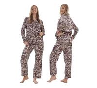 Keanu Ladies Satin Pyjamas - Long Sleeve Top with Long Bottoms - Silk Satin Pjs Soft Button Down Sleepwear Set Loungewear - Sizes 8-20 (Leopard Print, 12-14)