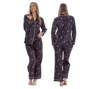 Keanu Ladies Satin Pyjamas - Long Sleeve Top with Long Bottoms - Silk Satin Pjs Soft Button Down Sleepwear Set Loungewear - Sizes 8-20 (Black Hearts Print, 8-10)