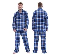 Keanu Mens Brushed 100% Pure Cotton Pyjamas - Brushed Thermal Flannel PJs - Winter Warm Supersoft - (Blue/Grey Check, 2XL)