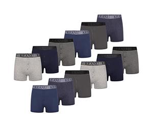 Keanu Mens Button Fly Boxer Shorts - 12 Pack - Pure Cotton with Jacquard Waistband - Full Length Boxers with Stretch - 95% Cotton, 5% Elastane - S M L XL 2XL (Grey Blues Pack, 2XL)