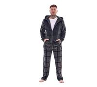 Keanu Men's Checked Microfleece Zipped Long Pyjama Set in Charcoal | Size: Small Keanu Charcoal S