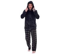 Keanu Mens Flannel Fleece Pyjamas - Zipped Hooded Top with Check Bottom Pyjama Set - Supersoft Fleece - Assorted Designs - Sizes S M L XL 2XL (Black Zip Top/Black Check, Extra Large)