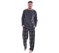 Keanu Mens Microfleece Pyjamas - Solid Colour Crew Neck Top with Check Bottom Pyjama Set Loungewear - Supersoft Fleece - Assorted Designs - Sizes S M L XL 2XL (Charcoal/Charcoal Check, Medium)