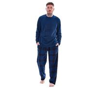 Keanu Mens Microfleece Pyjamas - Solid Colour Crew Neck Top with Check Bottom Pyjama Set Loungewear - Supersoft Fleece - Assorted Designs - Sizes S M L XL 2XL (Navy/Navy Check, Small)