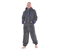 Keanu Mens Thick Snuggle Hooded Onesie - Warm Fleece Onesie with Zip Contrast Trim - Black. Navy, Charcoal - S M L XL