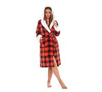 Keanu Womens Hooded Dressing Gown - Buffalo Check Design - Thick Sherpa Borg Fleece Trim - Bathrobe House Coat - Red Black - Size 12-14