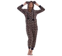 Keanu Womens Thick Snuggle Hooded Onesie - Luxury Warm Fleece Novelty Onesie with Long Bunny Ears - Sizes 8-20 (Leopard Print, 12-14)