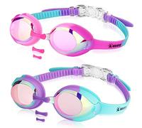 Keary 2 Pack Kids Swim Goggles Swimming Goggles for Toddler Children Girls Boys Youth, Anti-Fog Waterproof Anti-UV Clear Vision Mirror Flat Lens Water Pool Goggles with 3 Nose Piece, Pink Kids Goggles