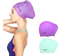 Keary 2 Pack Silicone Swim Cap for Long Hair Women Girls Waterproof Pool Swimming Cap Cover Ears to Keep Your Hair Dry, 3D Ergonomic Stretchable Durable and Anti-Slip, Easy to Put On and Off