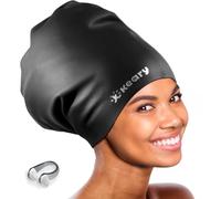 Keary Extra Large Swim Cap for Braids and Dreadlocks Afro Hair Weaves Long Hair, Waterproof Silicone Cover Ear Bath Pool Shower Swimming Cap for Women Men Youth Adult Girl to Keep Hair Dry, Black XXL