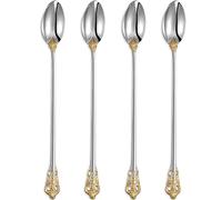KEAWELL Luxurious 9 Inch Long Iced Tea Spoon Set - 4 Pieces - Gorgeous Design with Exceptional Mirror Polished Finish - 18/10 Stainless Steel- Perfect for Tall Glasses, Cocktails (Gold Accent)