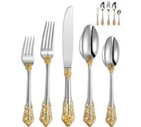 KEAWELL Luxury 45 Pieces 18/10 Stainless Steel Flatware set, Service for 8, silver plated with gold accents, Fine Silverware set and Dishwasher Safe