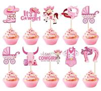 Keaziu 36PCS A little Cowboy is On The Way Cupcake Toppers Cowboy Riding HorseShoe Cowgirl Hats Western Theme Happy Birthday Baby Shower Party Cake Decorations Supplies Pink 3