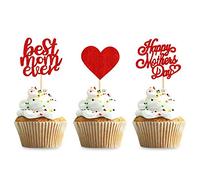 Keaziu 48 Pack Red Happy Mothers Day Cupcake Toppers Best Mom Ever Cupcake Picks Cake Decoration Party Supplies for Mother's Day Party Cupake Decorations