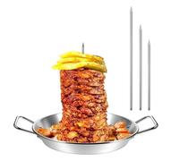 Kebab Plate and Skewer Stand, Stainless Steel Vertical Skewer Kebab Pan with Handle, Gyros Meat Kebabs Spike with 3 Replacement Spikes Grill Plate for Whole Chicken Sausage