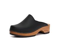 Kebba Edith - Handmade Wooden Clogs with Genuine Leather | Arch Support and Comfortable Fit | Chilean Tepa Platform and EVA Sole |Made in Villarrica, Chile, Navy Black, 7 UK