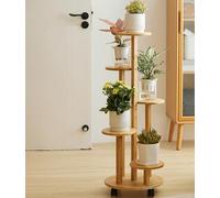 KEBMCHN Bamboo Flower Stand with Wheels, 5 Levels Plant Stand 90 cm Flower Shelf Balcony, Corner Shelf Made of Wood for Plants, Plant Shelf for Outdoor Use, Chassis Diameter 33 cm (Wood Colour)