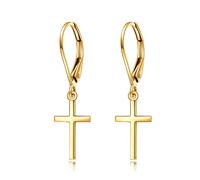 KECHO 14ct Solid Gold Cross Dangle Earrings - Religious Cross Leverback Earrings for Women - Christian Jewellery - Birthday, Mothers Day, Christmas Gifts for Mom, Wife (14ct Cross-A)