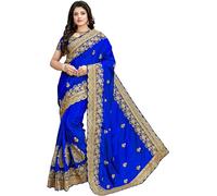 KEDARFAB Women's Floral Zari Woven Heavy Embroidered Gota Patti Border Work Banarasi Silk Saree With Unstitched Blouse, Royal Blue, FS