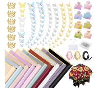 Kedemas 263Pcs Flower Bouquet Wrapping Paper Kit, Includes 50 Gold Edge Floral Paper, 72 Butterflies, 100 Diamond Pins, 32 Greeting Cards, 6 Mini Crowns and 3 Ribbons for Bouquets, Florist Supplies