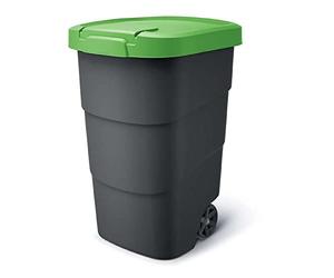 Keden Wheeler 110L Wheelie Bin Trash Can With Wheels And Lid Large Universal Garbage Litter Outdoor Sorting Recycling Plastic Black and Green