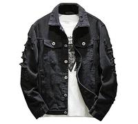 Kedera Distressed Denim Jacket Men's Button Down Denim Jacket Trucker Jean Coat, Black, XS
