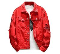 Kedera Distressed Denim Jacket Men's Button Down Denim Jacket Trucker Jean Coat, Red, L